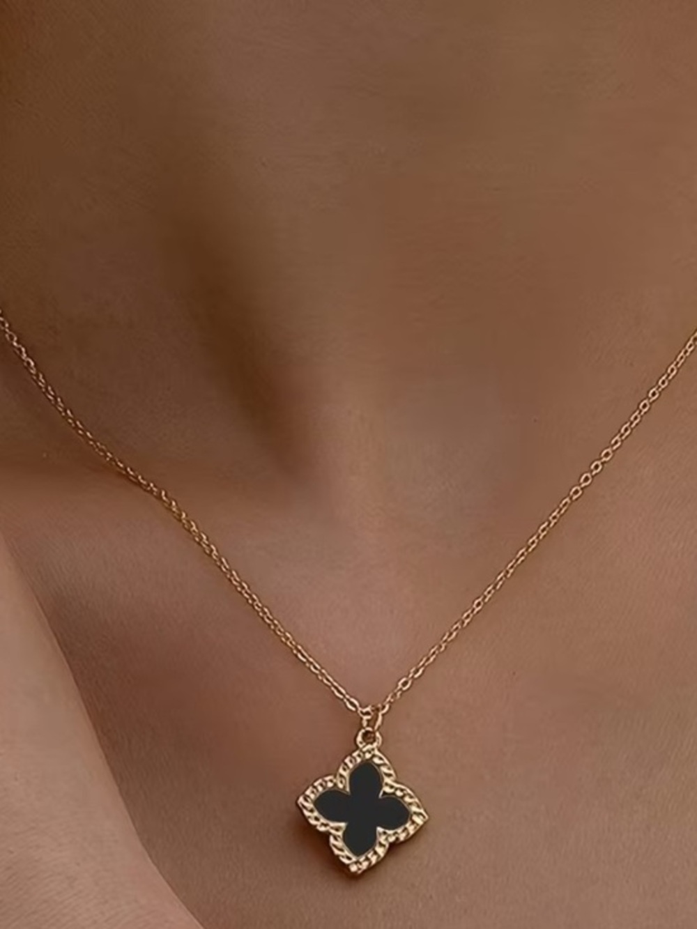 Gold Clover Pendant Necklace with Black Accent - Women Jewelry
